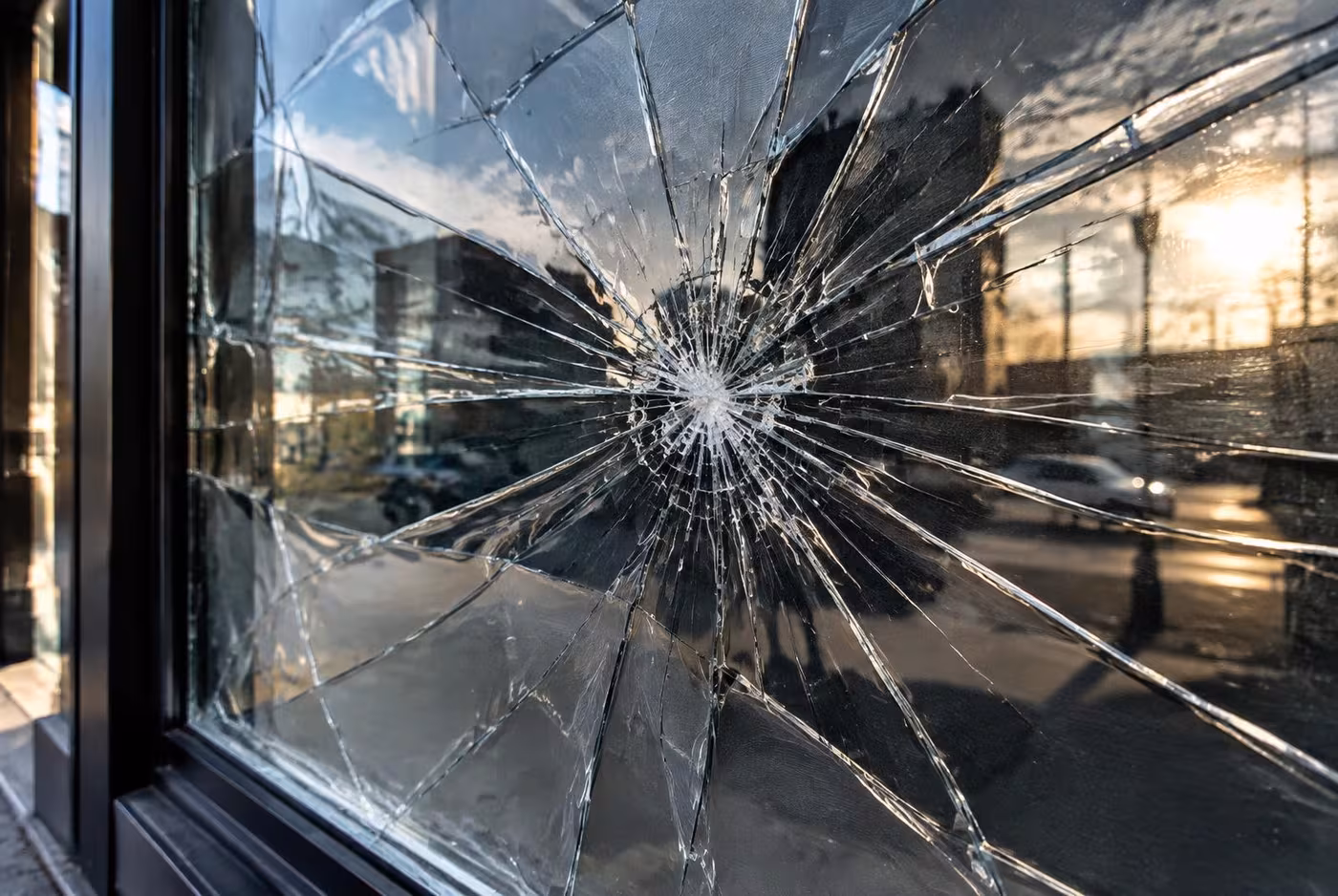 Cracked glass held together by clear safety film