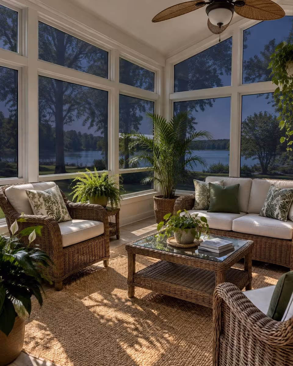 Sunroom windows with heat-rejecting film